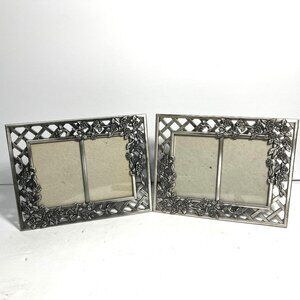 Vintage Pewter Floral Rose Vine Double Picture Frame set of 2
